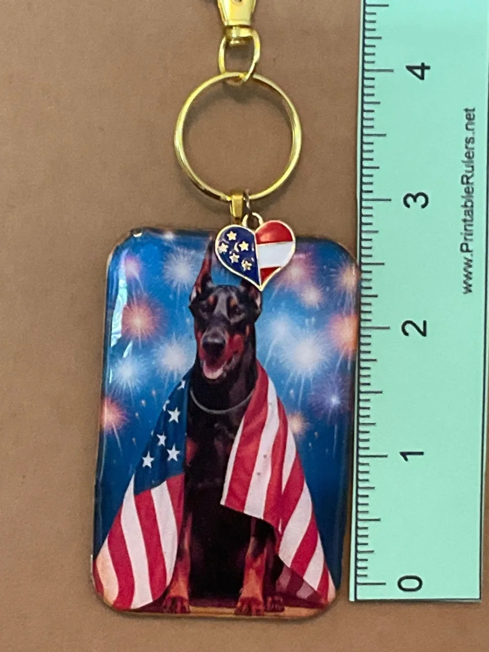Doberman Pinscher cropped ears Patriotic American Flag keyring / purse charm